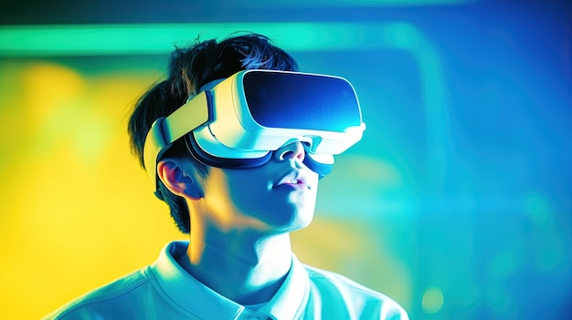 Portrait of a young man wearing virtual reality goggles against colourful background