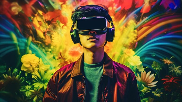 Portrait of a young man wearing virtual reality goggles against colourful background