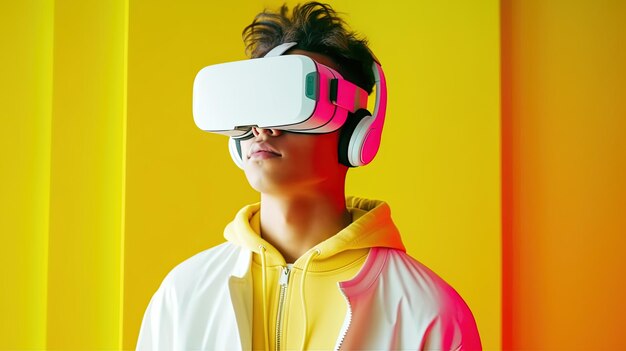 Portrait of a young man wearing virtual reality goggles against colourful background