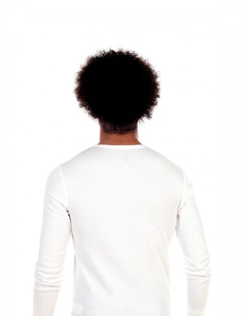 Portrait young man with afro hairstyle posing back 