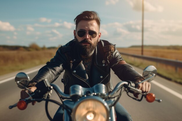 Портрет молодого человека с бородой и татуировкой байкера едет на мотоцикле