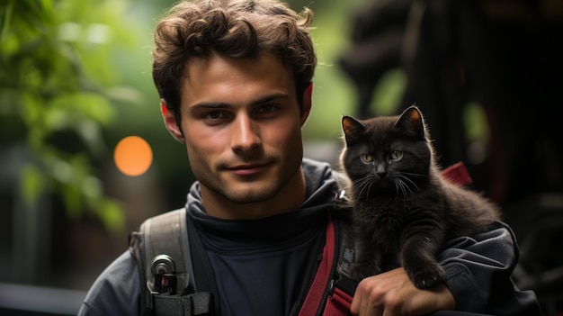 Portrait of a young man with a black cat on his shoulder