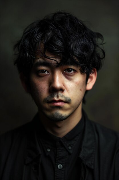 Portrait of a young man with black shirt and black hair