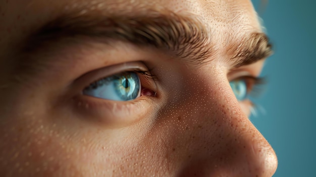 Портрет молодого человека с голубыми глазами и коричневыми бровями Мужчина смотрит в сторону с нейтральным выражением лица