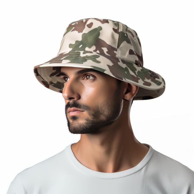 Portrait of a young man with camouflage hat isolated on white background