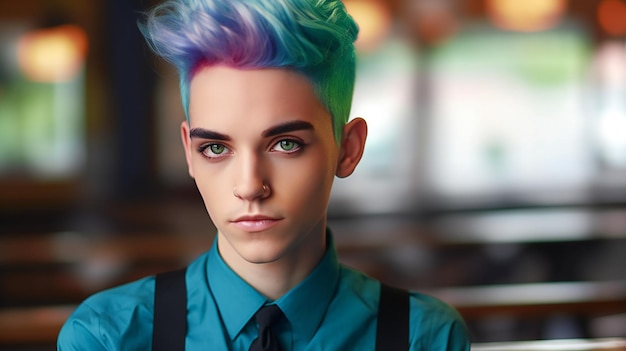 Portrait of a young man with colorful hair in a pub