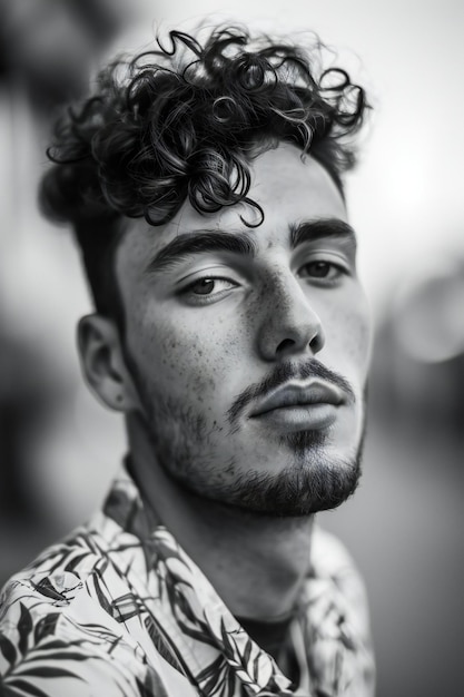 Portrait of a young man with curly hair Black and white photo