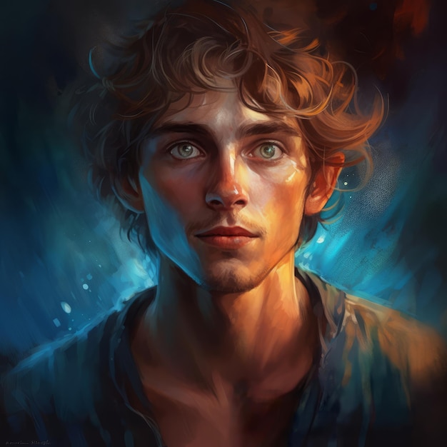 A portrait of a young man with curly hair and blue eyes.