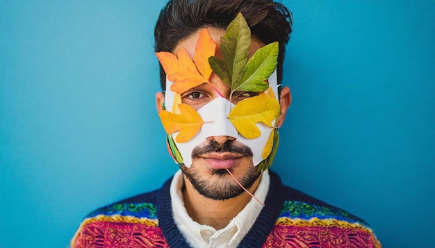 Portrait of young man with face mask and autumn leaves on blue background