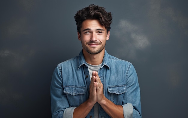 Photo portrait of a young man with folded hands pleading