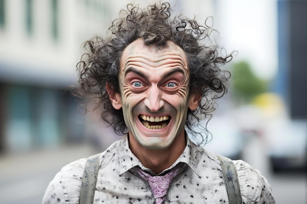 Portrait of a young man with funny face in the city