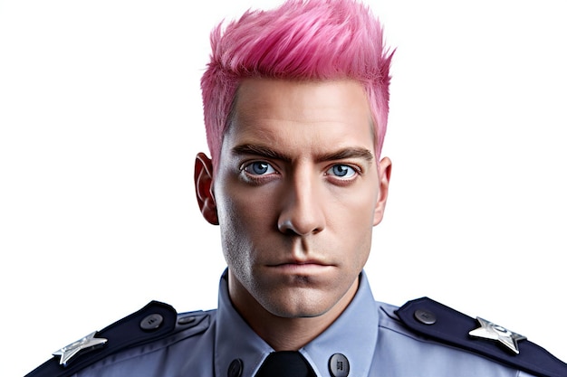 Portrait of young man with pink hair and blue eyes in police uniform