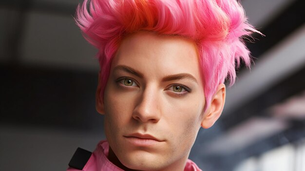 Portrait of a young man with pink hair closeup