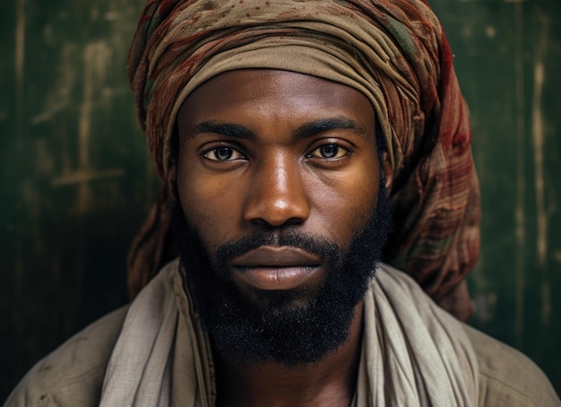 Foto ritratto di un giovane con un turbante in un ambiente rustico