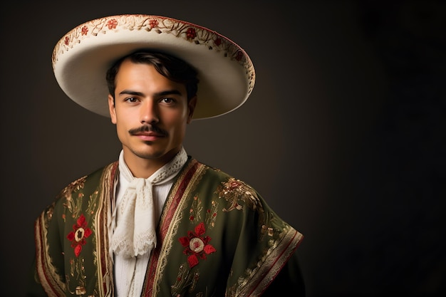 솜브레로와 함께 남성 멕시코 민족 의상 Charro 유니폼을 입은 젊은 멕시코 남자의 초상화
