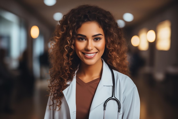 Portrait of young MiddleEastern woman wearing hijab working as nurse in medical clinic and looking