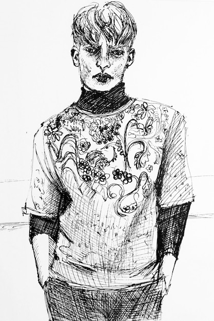 Portrait of young millennial wearing sweater Drawing by hand with black ink on paper