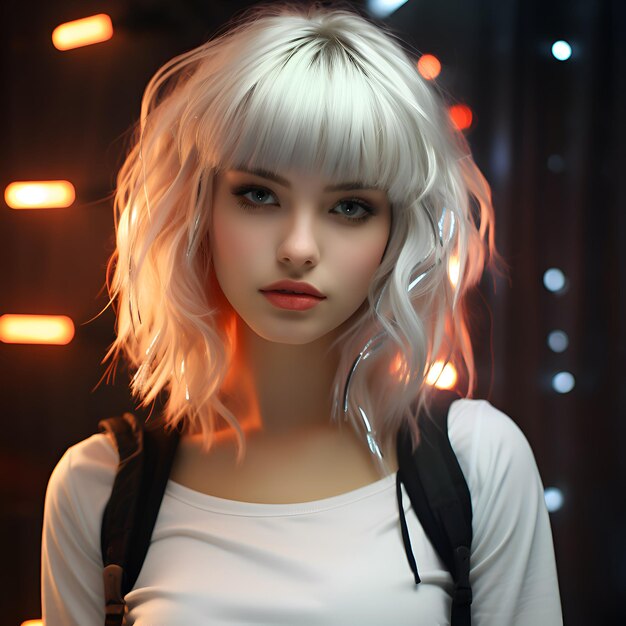 Foto ritratto di una giovane modella con i capelli dritti di platino in un bob di una lunghezza contundente con frangia