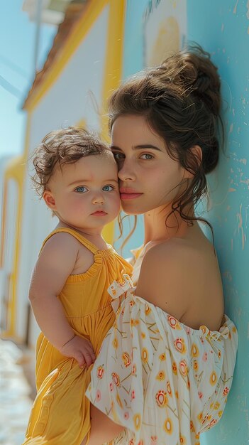 야외에서 어린 어머니와 아기 딸의 초상화 생성 AI