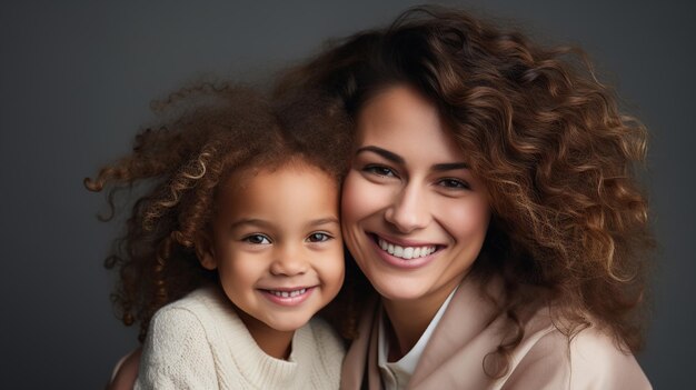 夕暮れの秋の自然で笑顔で抱きしめ合っている小さな娘と若い母親の肖像画
