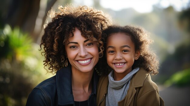A portrait of young mother with a small daughter in autumn nature at sunset smiling and hugging