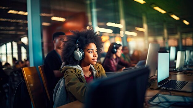 Foto ritratto di un giovane studente multirazziale con i capelli afro in classe che lavora con un laptop