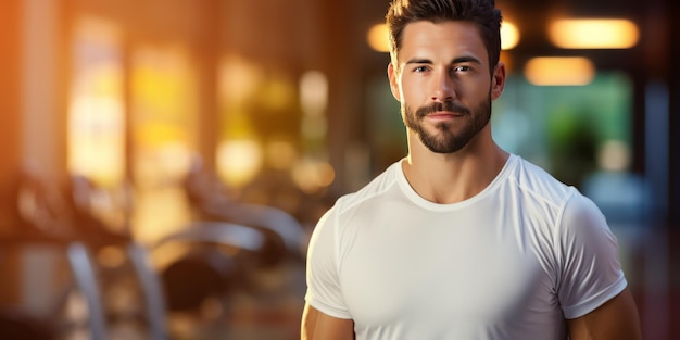 Foto ritratto di un giovane uomo muscoloso che si riposa in palestra mentre guarda la telecamera stile di vita sano