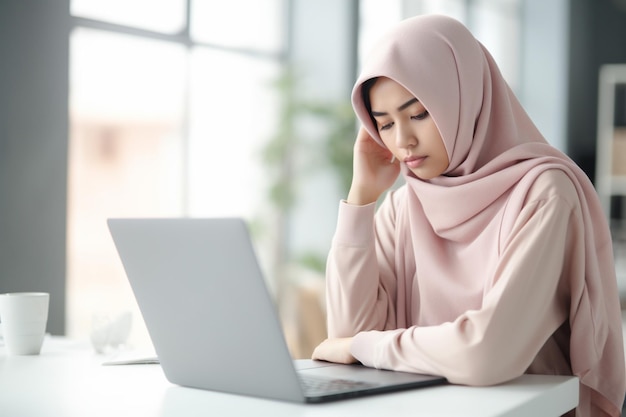 Portrait of young muslim business woman in hijab tired of working with laptop next to her in office with a big windows bright light office area