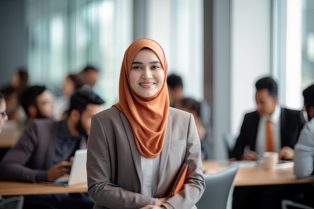 Портрет молодой мусульманской бизнесменки, стоящей в офисе