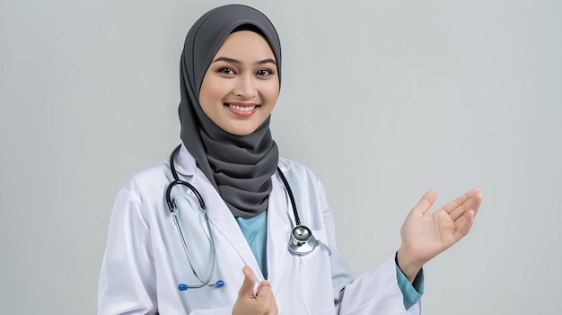 portrait of a young muslim woman doctor standing in the hall of the hospital dressed in a hijab