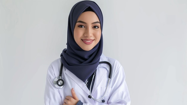 portrait of a young muslim woman doctor standing in the hall of the hospital dressed in a hijab