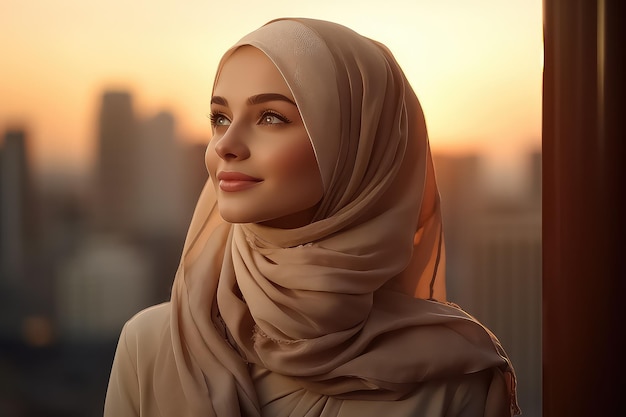 Portrait of a young Muslim woman in a hijab in the city against the sunset looking at the camera