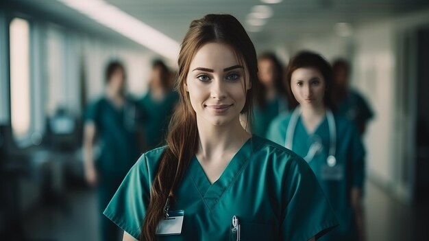 Portrait of a young nursing student standing with her team in hospital dressed in scrubs Doctor inte