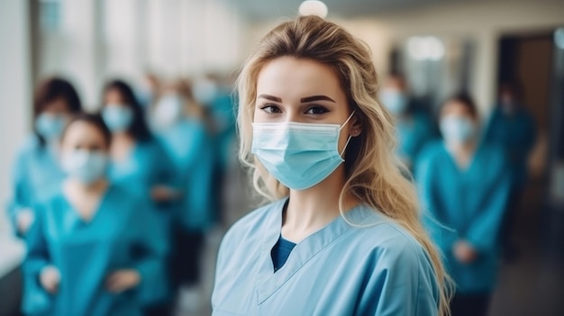 Portrait of a young nursing student standing with her team in hospital dressed in scrubs Doctor intern High quality photo