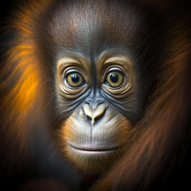 Portrait of young orangutan in the rainforest