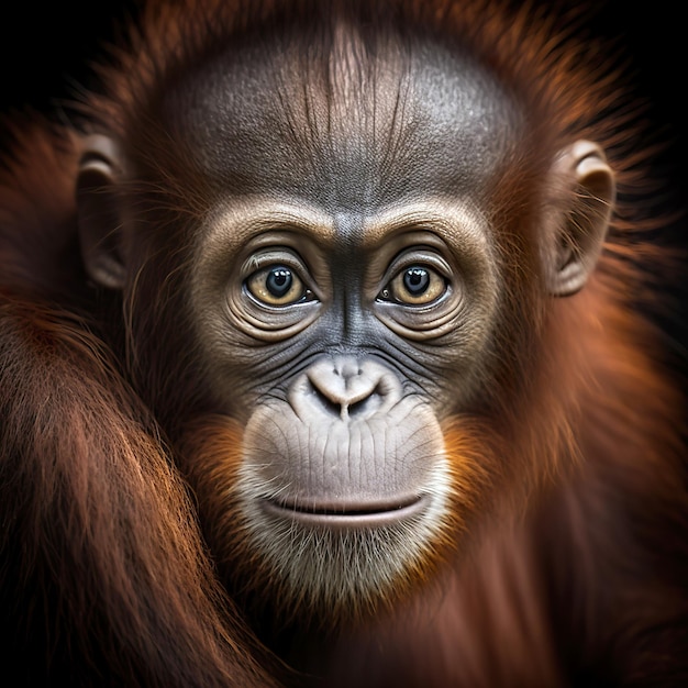 Portrait of young orangutan in the rainforest