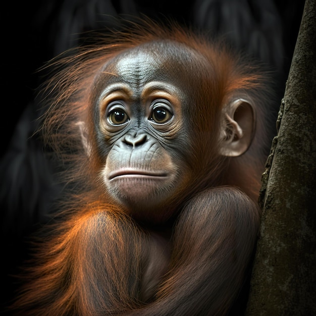 Portrait of young orangutan in the rainforest