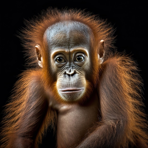 Portrait of young orangutan in the rainforest