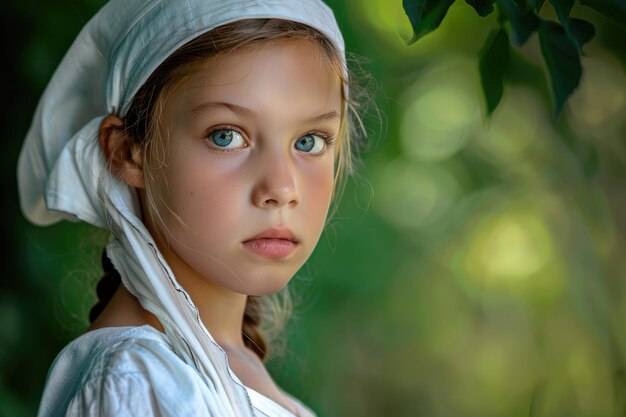 Portrait of a young peasant girl in a white cap