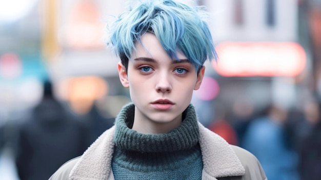 Portrait of a young personality with blue hair in the city The concept of transgender identity