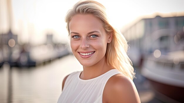 Portrait of young plus size woman against the backdrop of yachts and the sea Ai generative