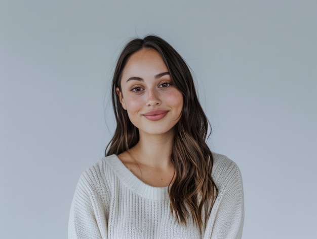 Photo portrait of a young positive woman looking at the camera