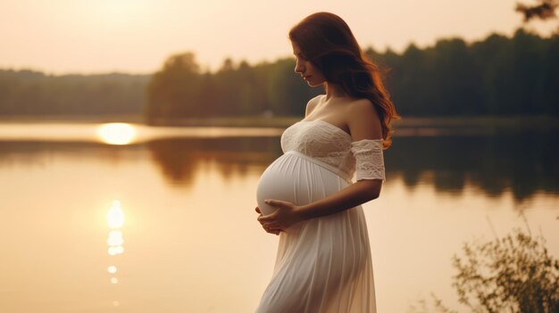 Photo portrait of young pregnant woman holding hands on her belly copy space expectation