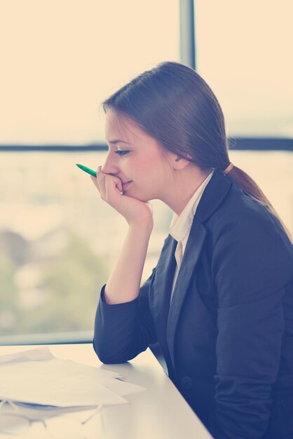 portrait of Young pretty business woman work on  notebook computer  in the bright modern office indoors