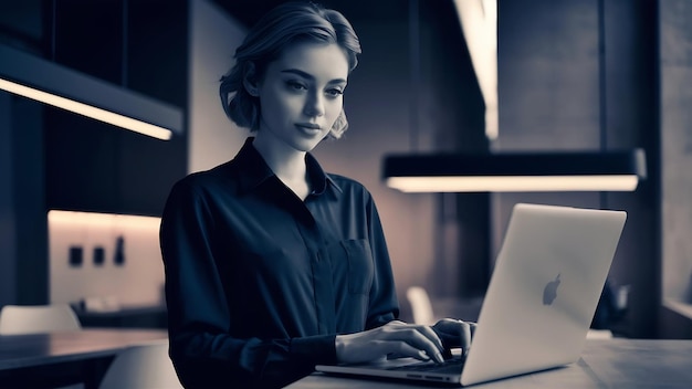 Portrait of young pretty woman sitting at table in black shirt working on laptop in co working offi