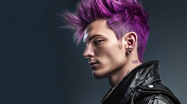 Portrait of young punk man with pink hair and black leather jacket