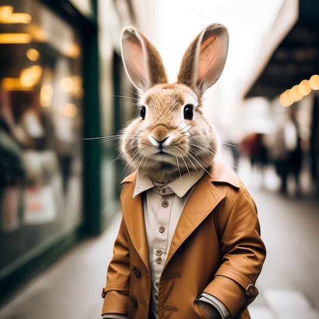 portrait of a young rabbit in a coat and a rabbit portrait of a young rabbit in a coat and a ra