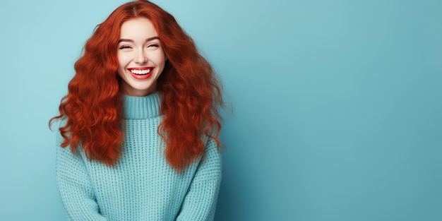 Portrait of a young red haired woman with pleasant smile over pastel background bannerwith copy space Beautiful girl in warm sweater