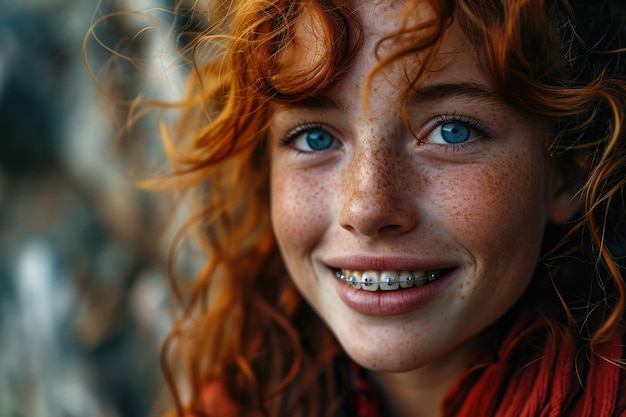 街の背景に歯のブレーキをかけた赤 ⁇ の若い女性の肖像画 長い巻き毛の赤 ⁇ 