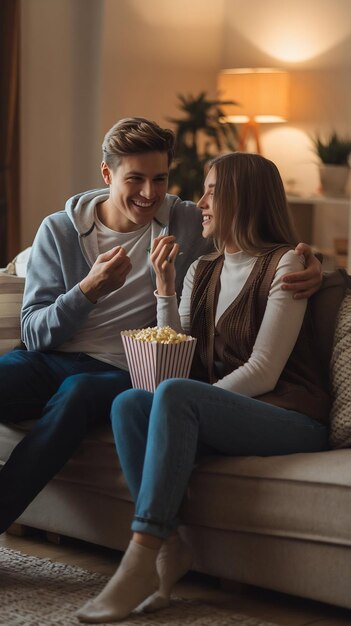 portrait of young romantic couple talking and eating popcorn while watching on demand streaming ser